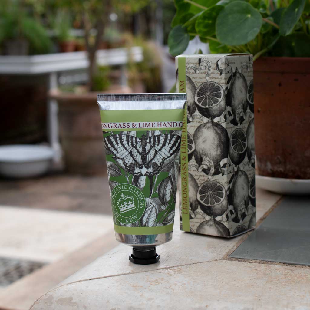 Hand cream with packaging featuring lime and lemon illustrations on a stone surface.