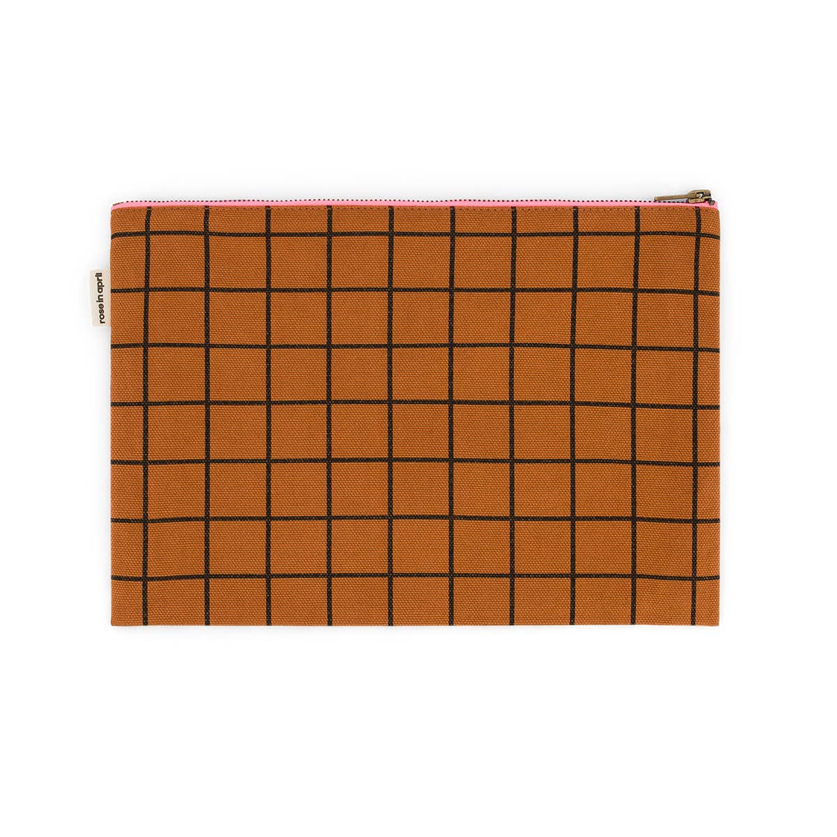 Grid-patterned pouch with orange and black lines on a white background