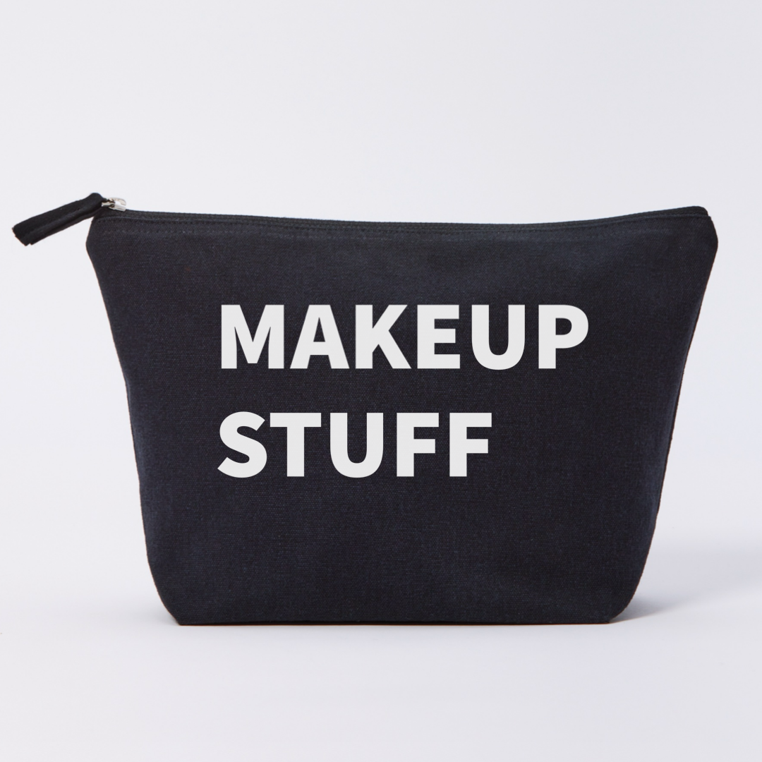 Black makeup bag with 'MAKEUP STUFF' text on a white background