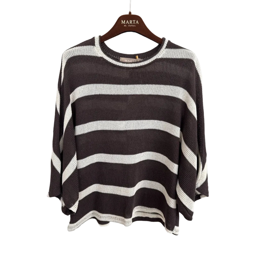 A dark brown and off-white horizontally striped knit sweater hanging on a wooden hanger branded 'MARTA', set against a plain light gray wall.