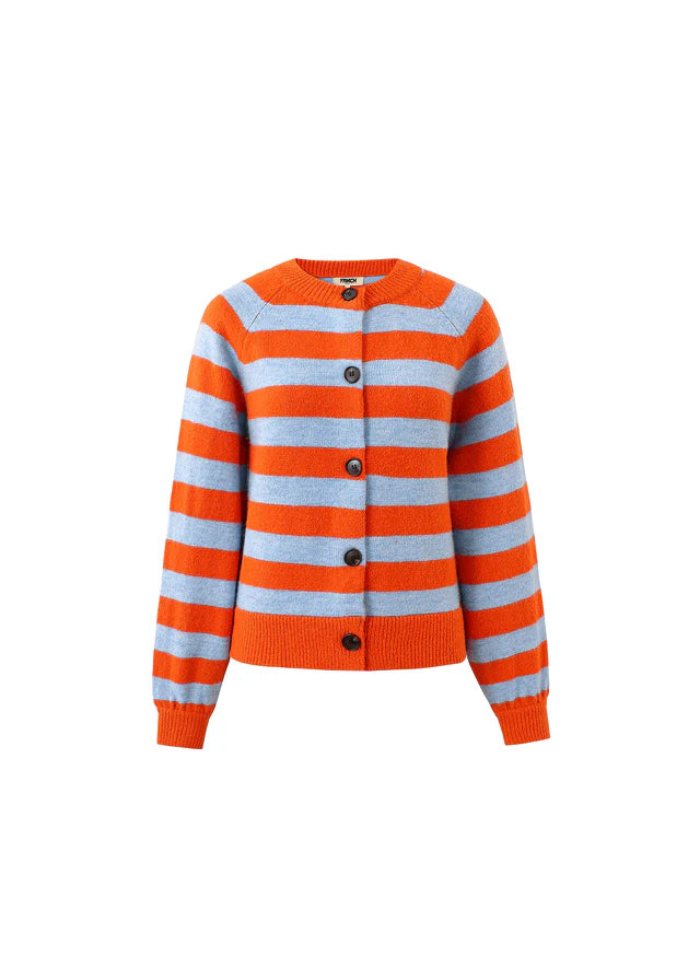 Orange and blue striped cardigan on a white background
