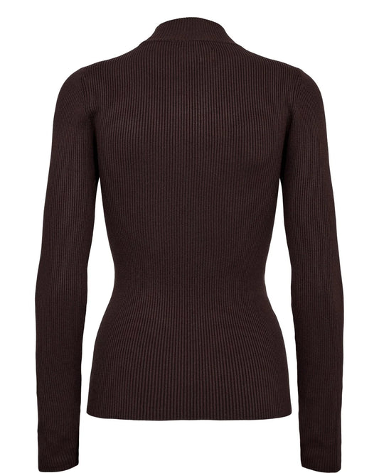 A dark brown ribbed long-sleeve mock neck sweater shown from the back on a white background.