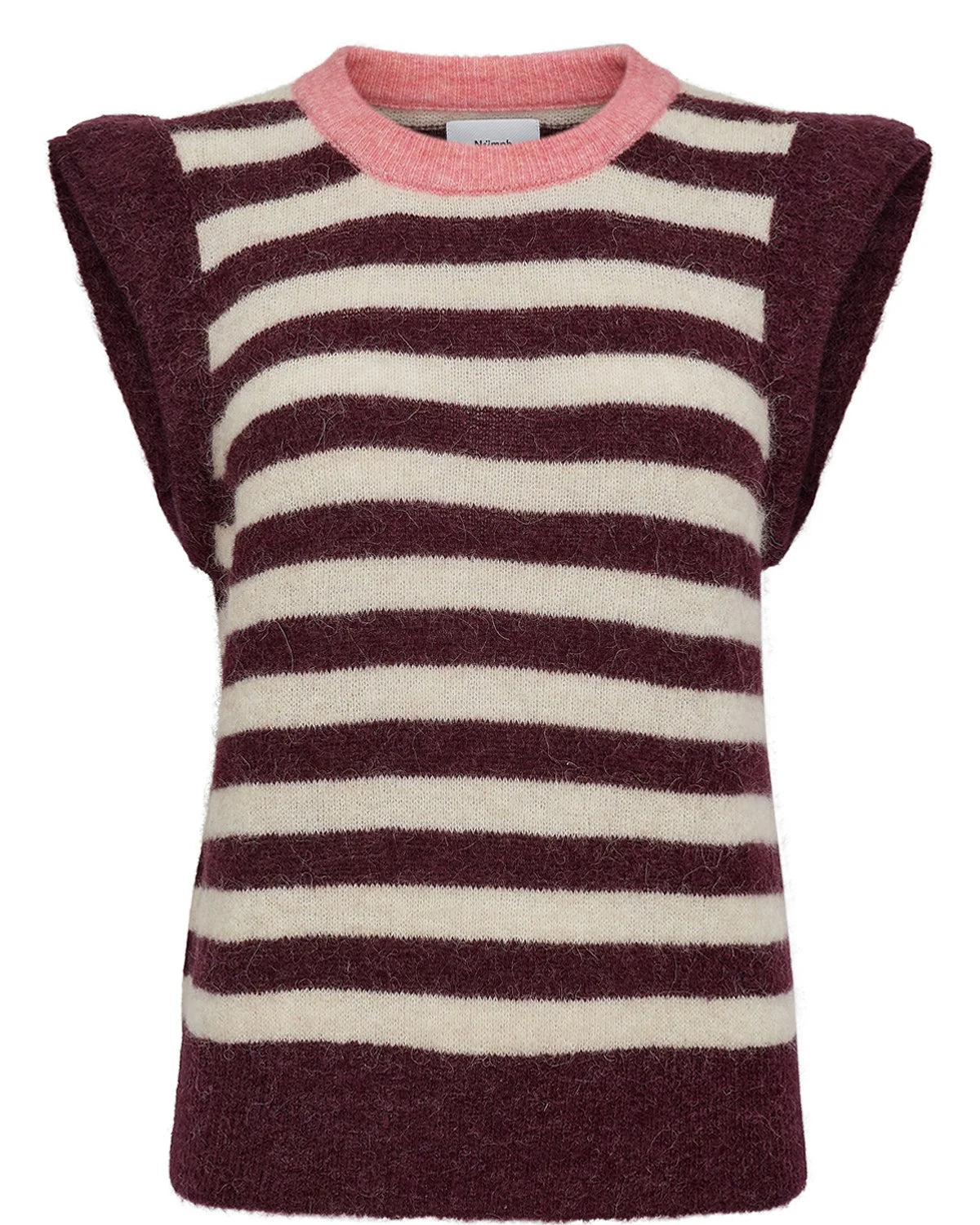 Striped sleeveless sweater with pink trim on a white background
