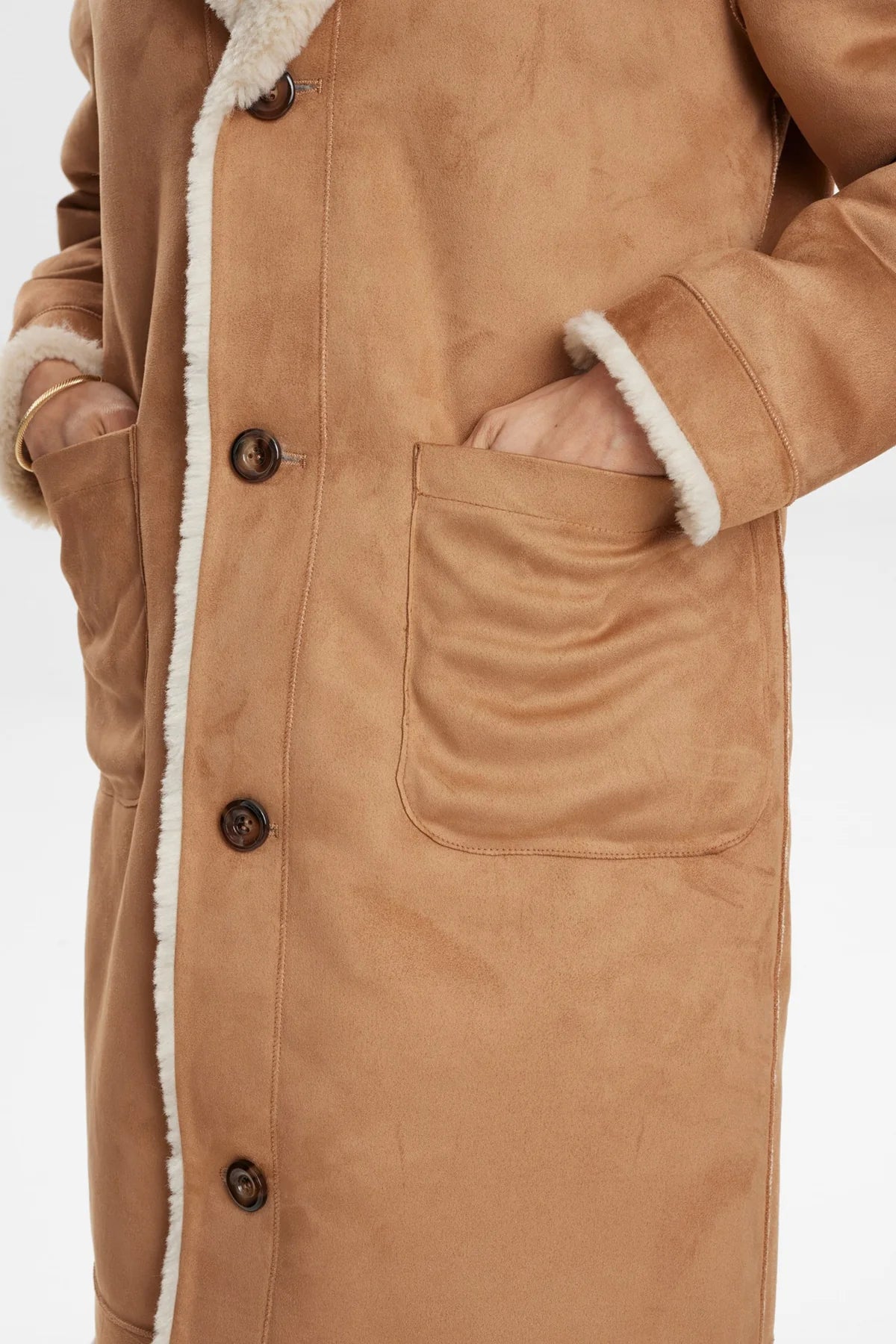 Brown coat with white fur lining on a white background