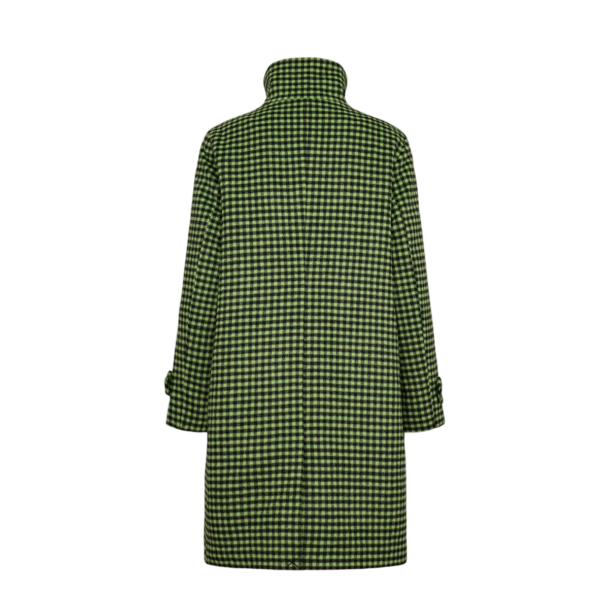 A green and black gingham check coat with a high collar, shown from the back against a plain white background.