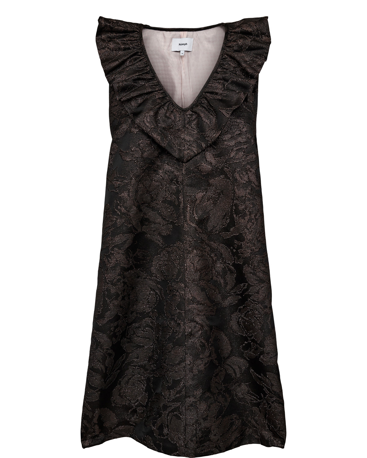 Black floral dress with ruffled neckline on a white background