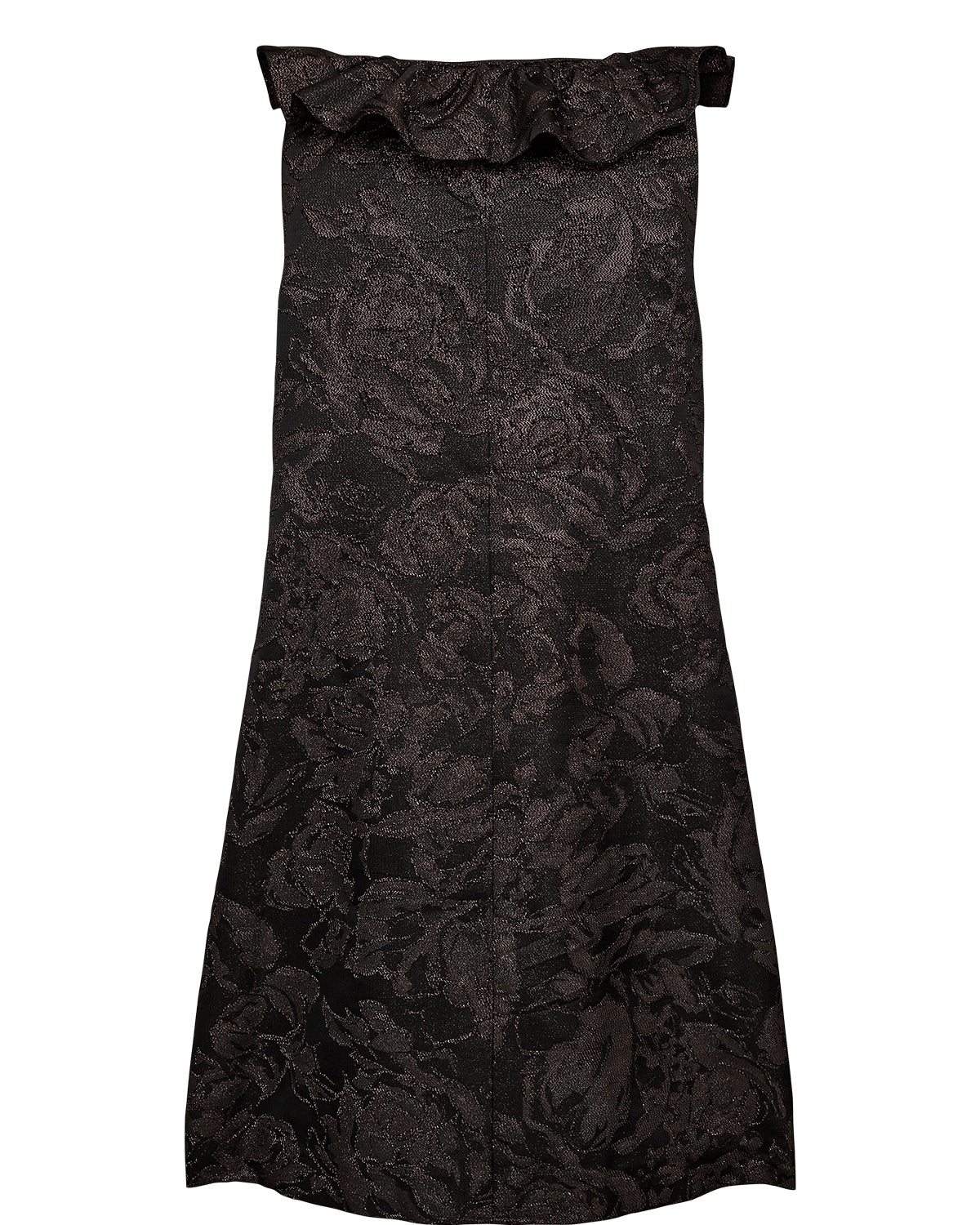 Black floral patterned strapless dress on a white background