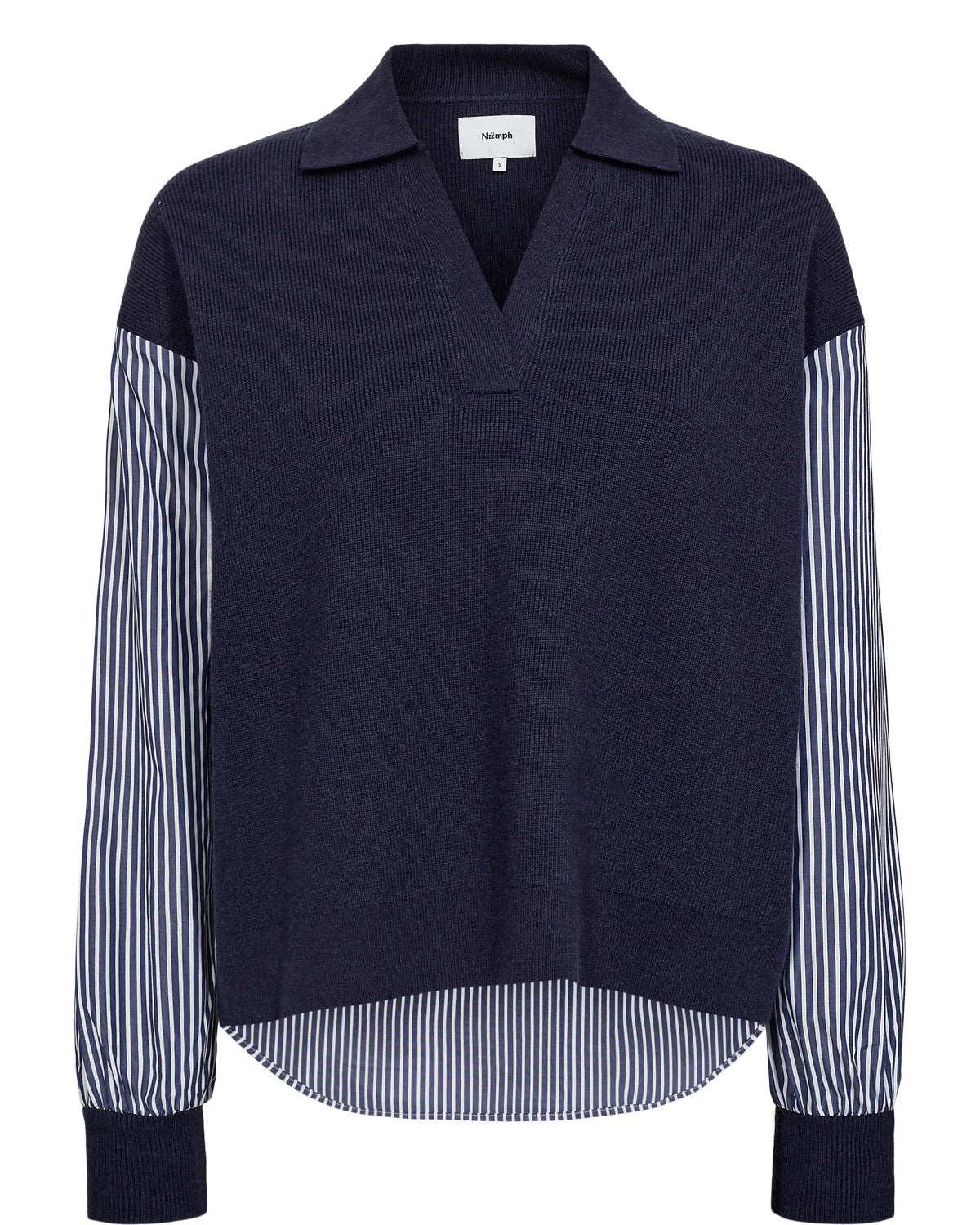 Navy sweater with striped sleeves on a white background
