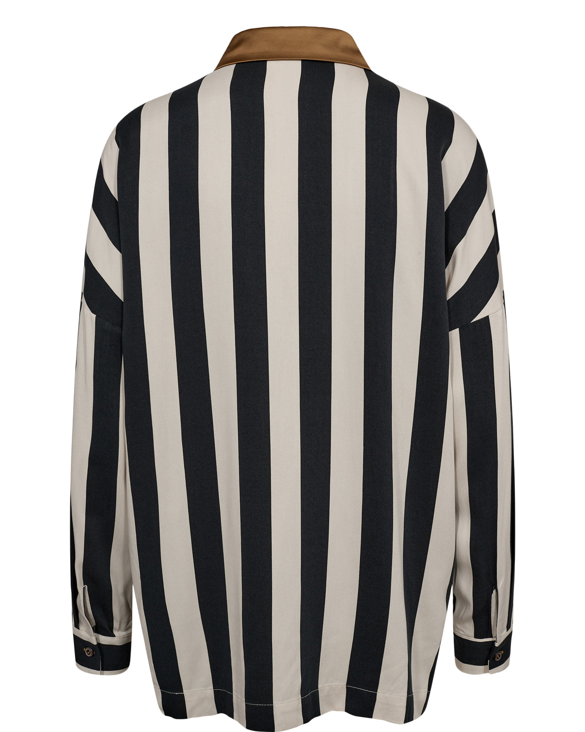 Black and white striped shirt with brown collar on a white background