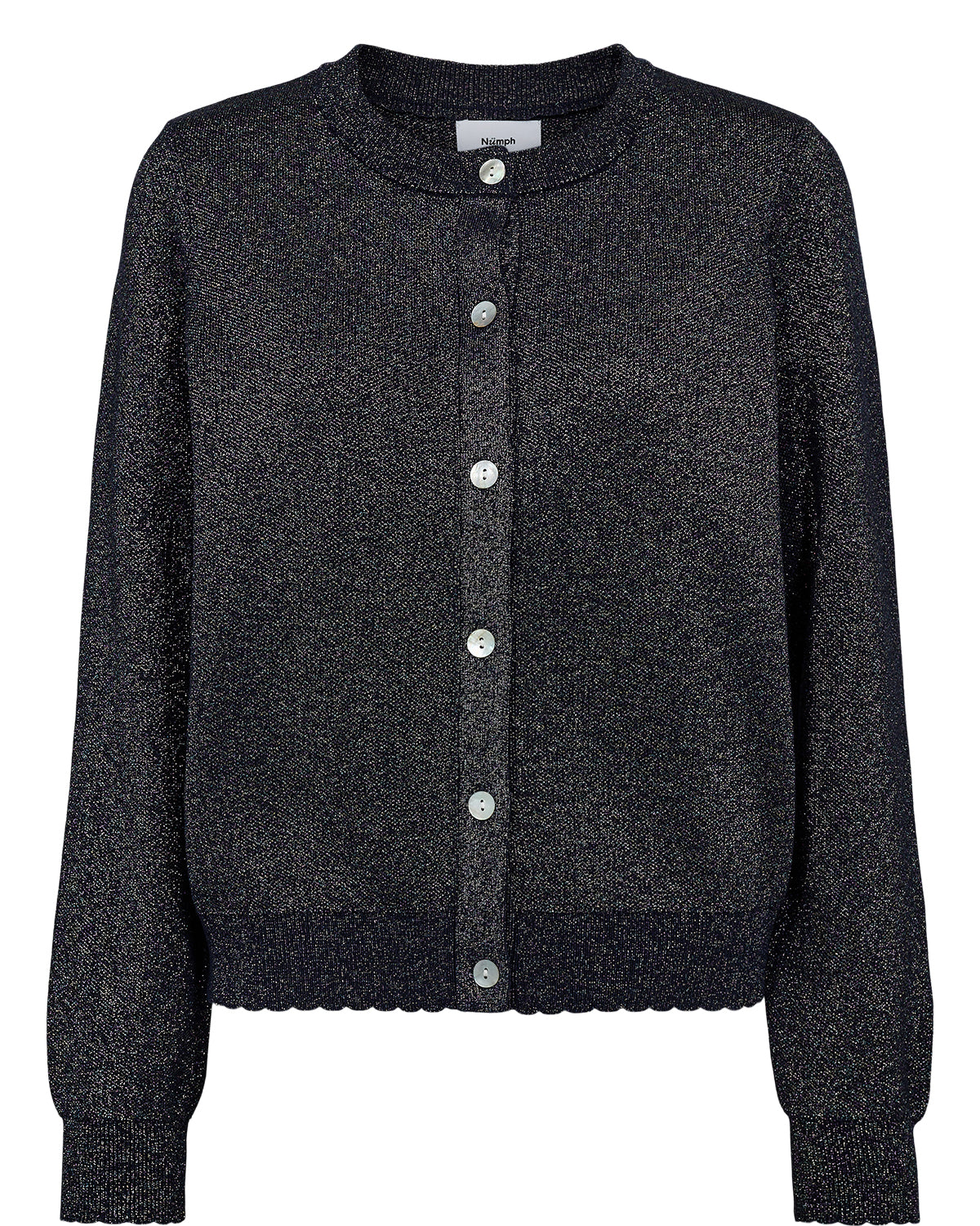 Dark gray cardigan with button details on a white background