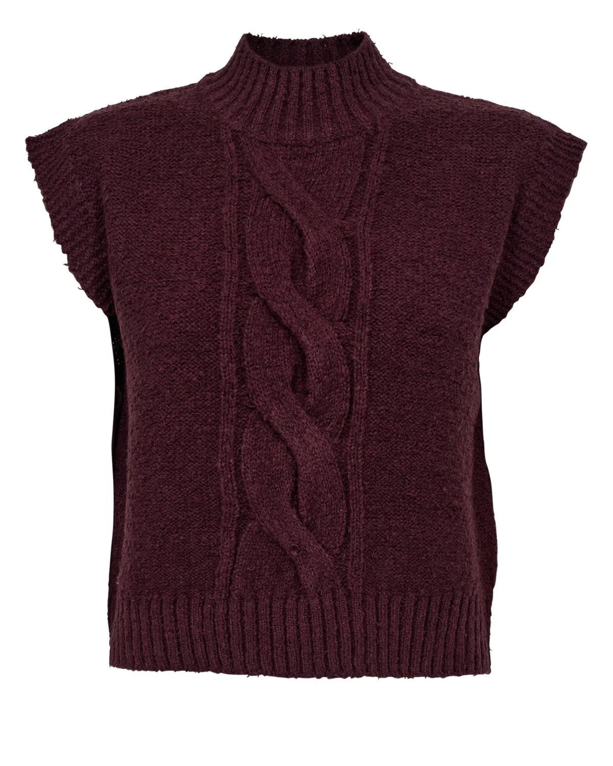 Maroon knitted vest with cable pattern on a white background