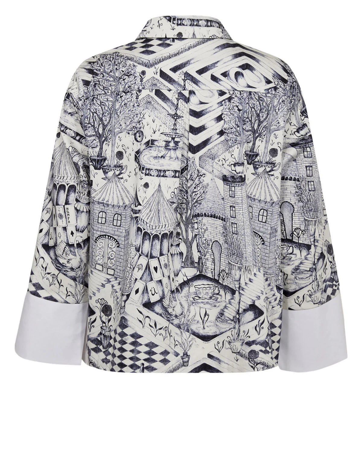 Patterned shirt with black and white design on a white background