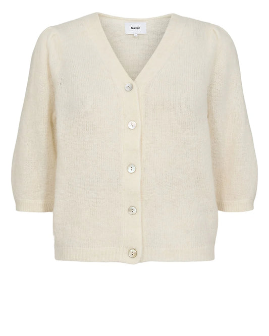 Beige cardigan with buttons on a white background