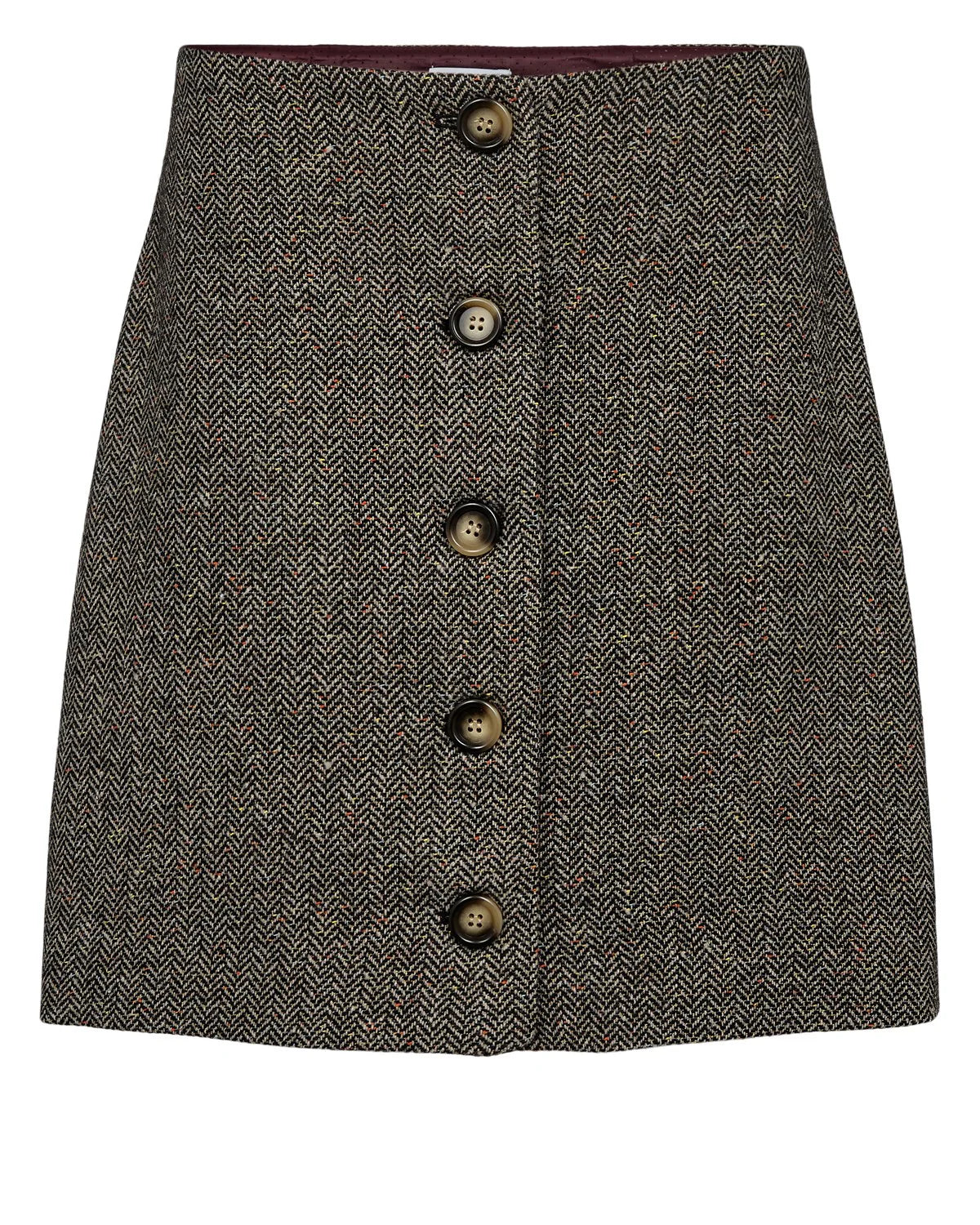 Gray herringbone skirt with button details on a white background