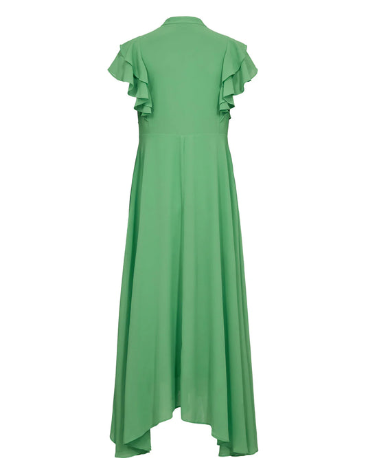 Green dress with ruffled sleeves on a white background