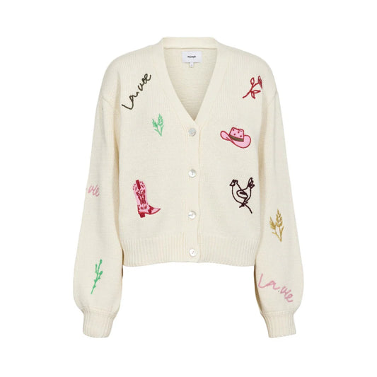 Cream-colored cardigan with embroidered designs on a white background