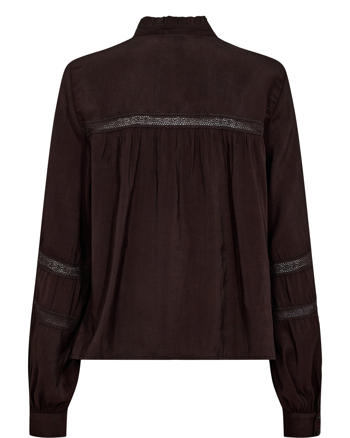 Brown shirt with lace trim on a white background