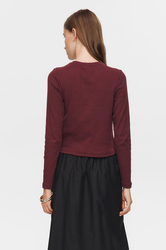Person wearing a burgundy top and black skirt on a white background