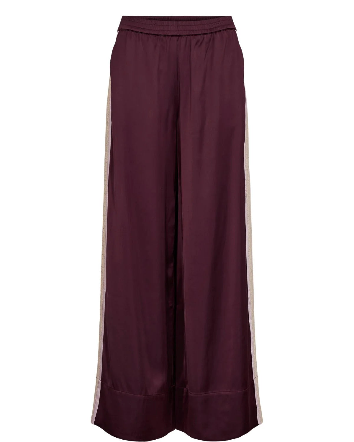 Maroon wide-leg pants with a white stripe on a white background