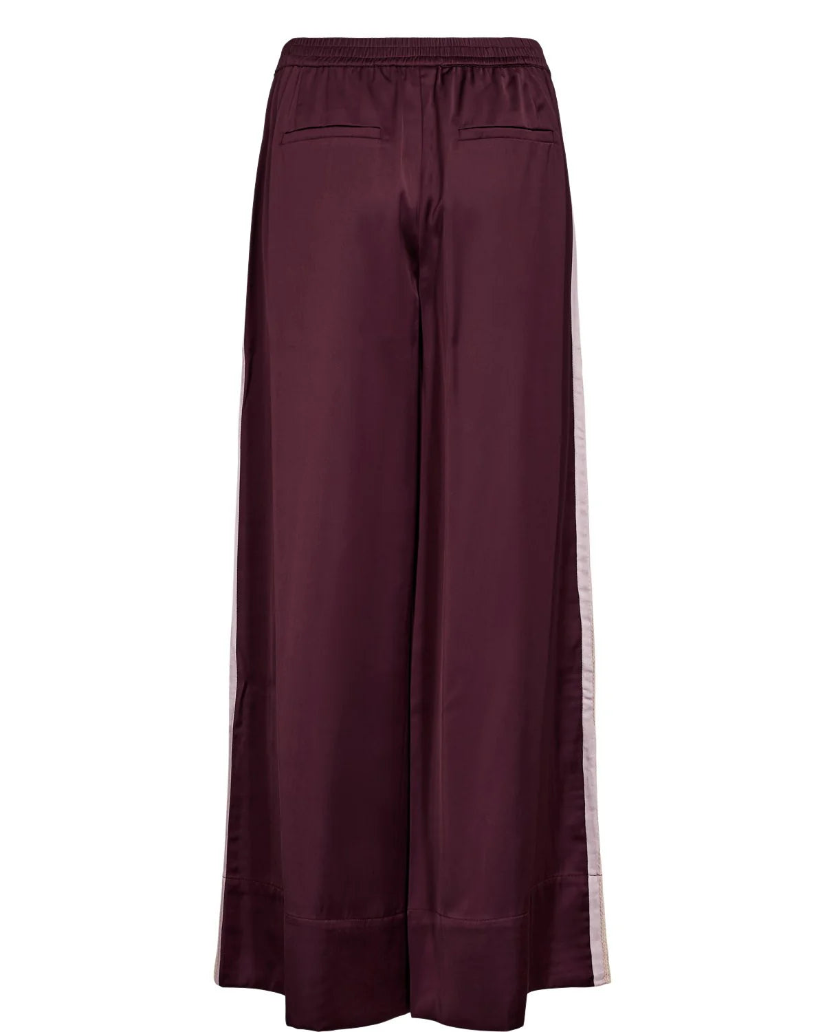 Maroon wide-leg pants with a side stripe on a white background
