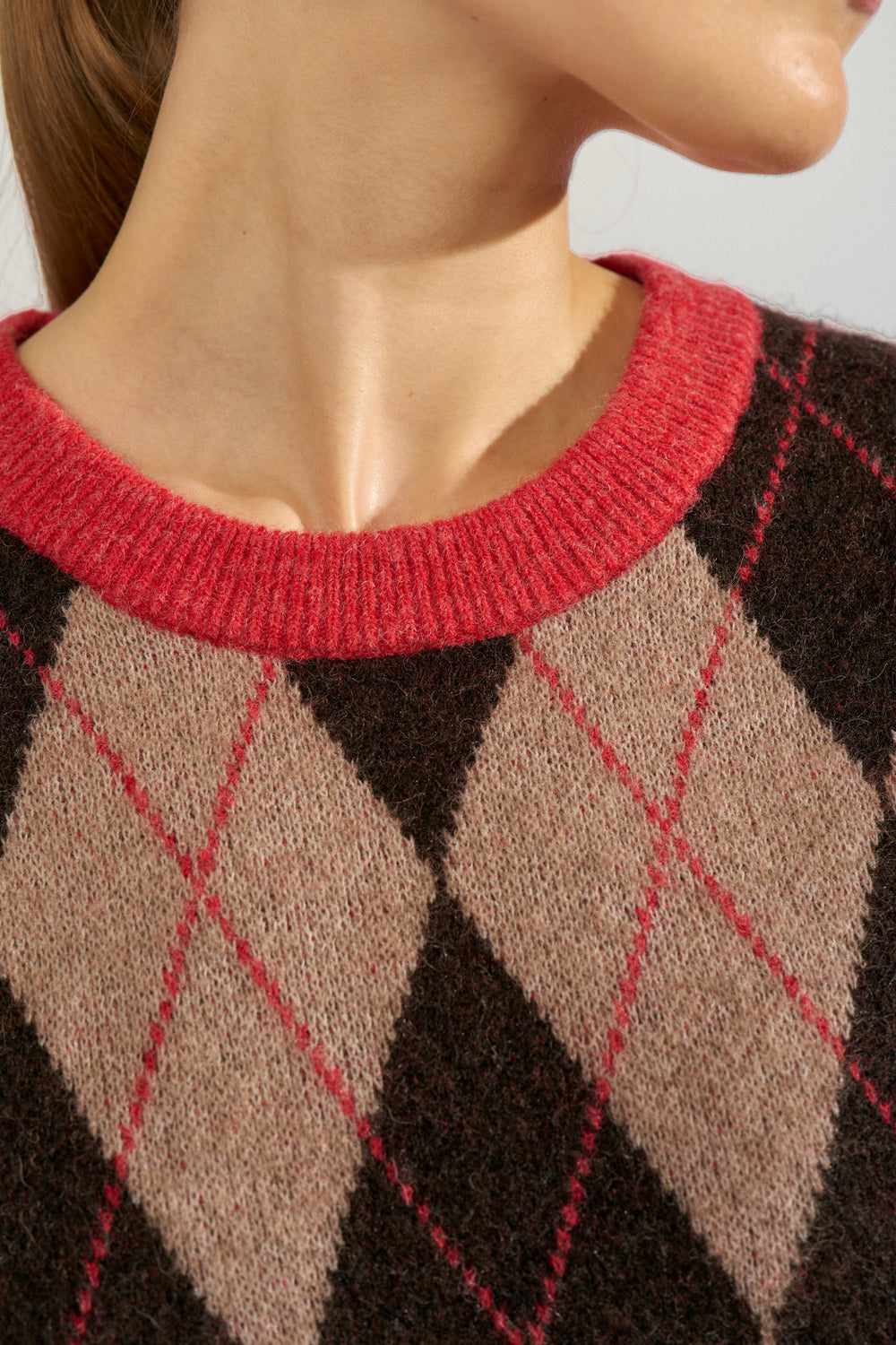 Close-up of a mannequin or model wearing a knit sweater with a red crew neck and an argyle pattern in dark brown, beige, and red.