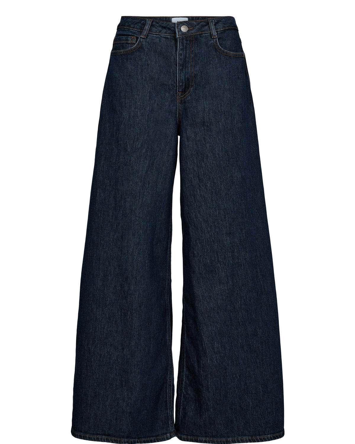 Dark blue wide-leg jeans on a white background