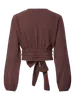 Brown textured top with long sleeves and a tie detail on a plain background