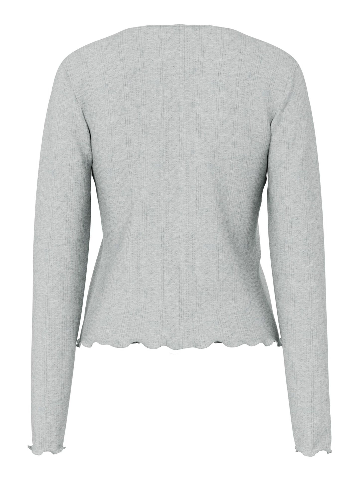 Light gray long-sleeve top with scalloped hem on a white background