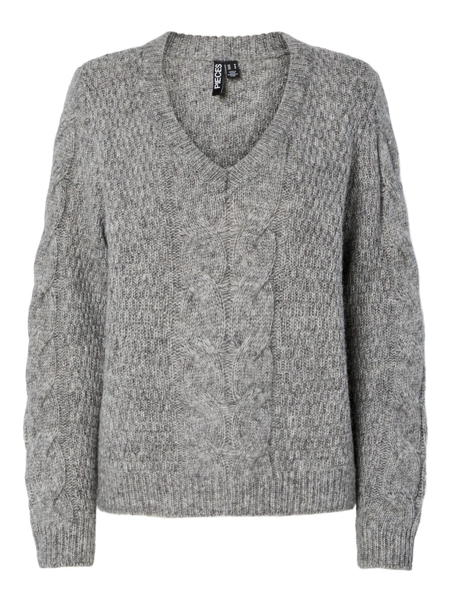 Gray cable knit sweater with a V-neck on a white background
