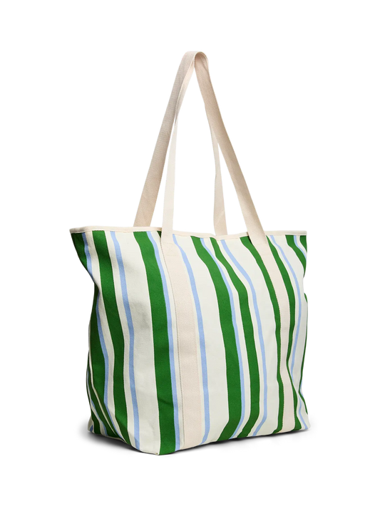 Striped tote bag with green, white, and blue pattern on a white background