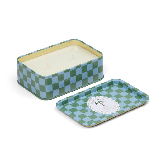 Checkered rectangular tin with a lid on a white background