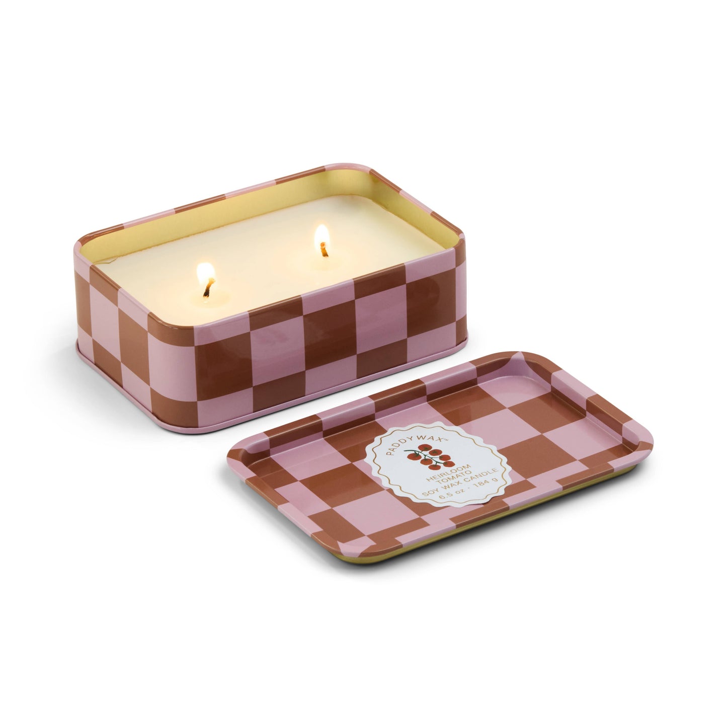 Checkered candle in a tin with a matching tray on a white background