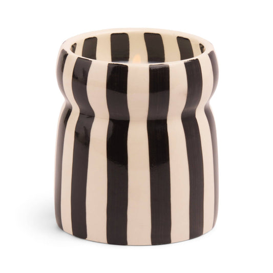 Cylindrical candle holder with black and beige vertical stripes on a white background