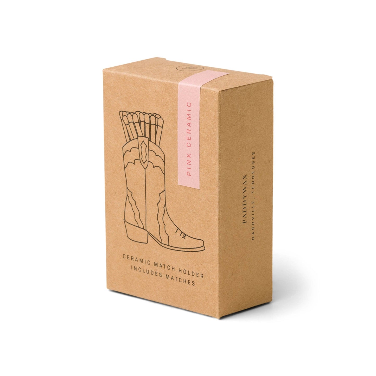 Box packaging for a ceramic match holder with cowboy boot illustration on a white background
