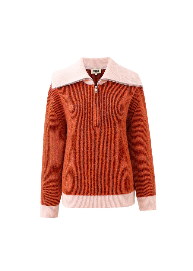 Orange sweater with pink collar and cuffs on a white background