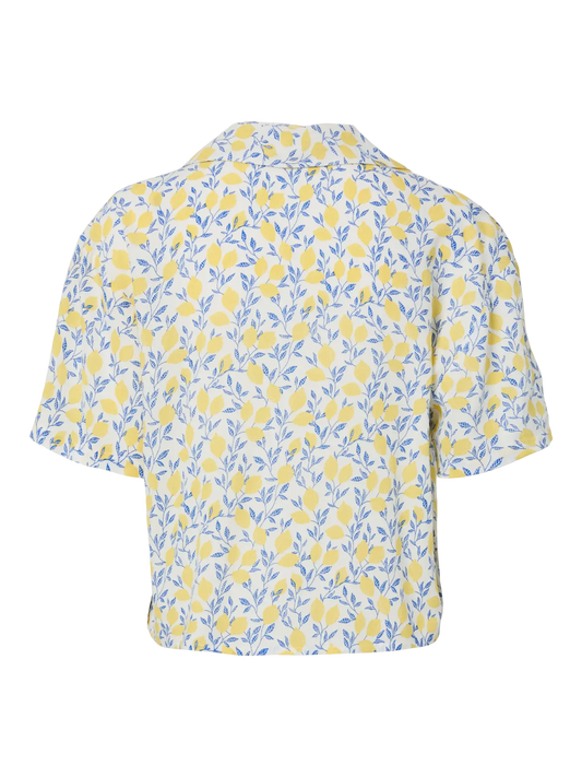 Floral patterned shirt with yellow and blue flowers on a white background