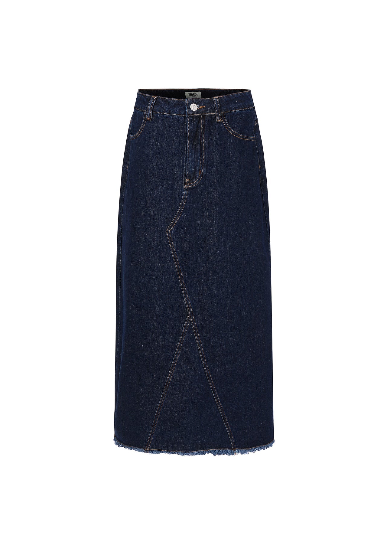 Dark blue denim skirt on a white background