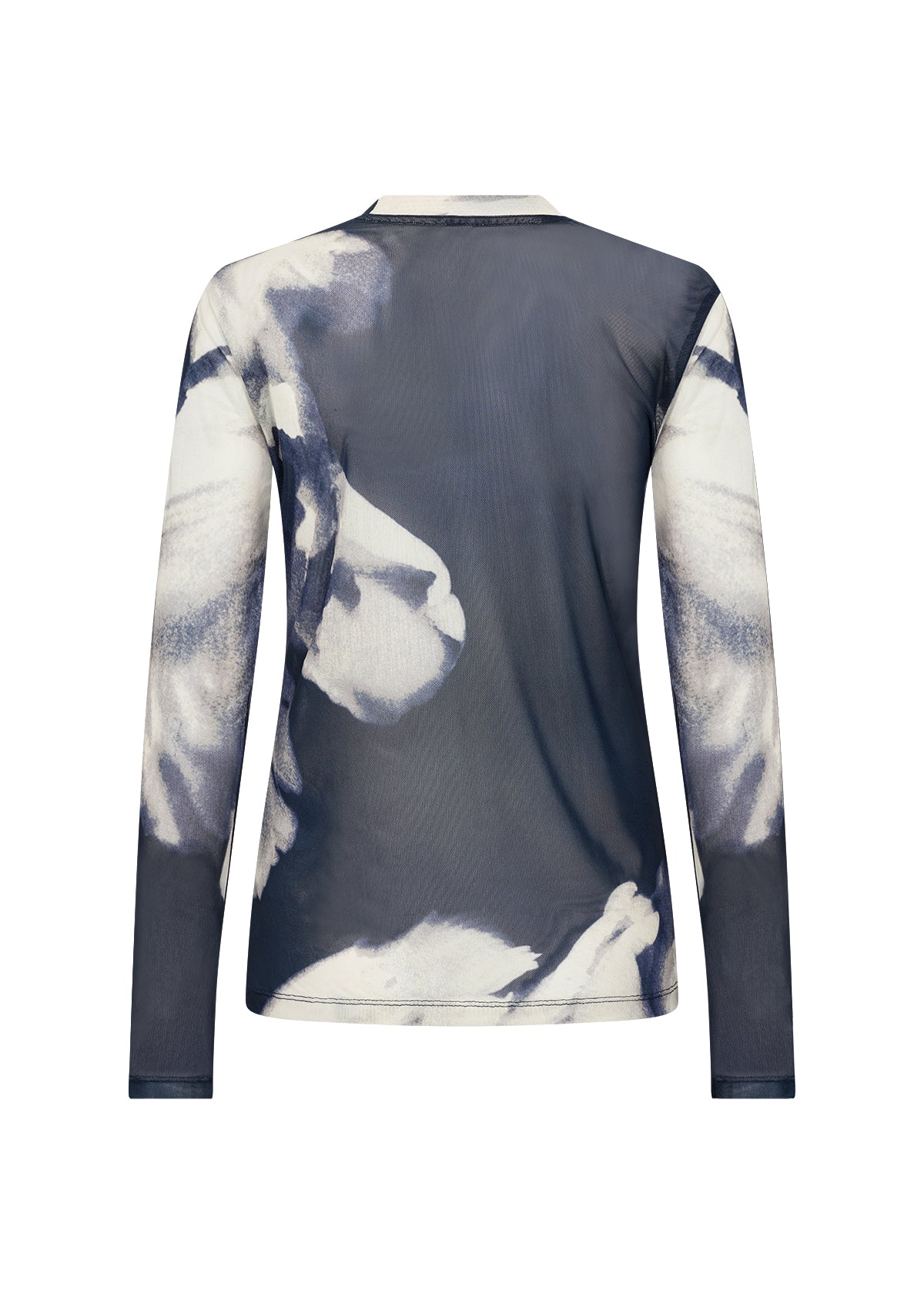 Long-sleeve shirt with abstract floral design on a white background