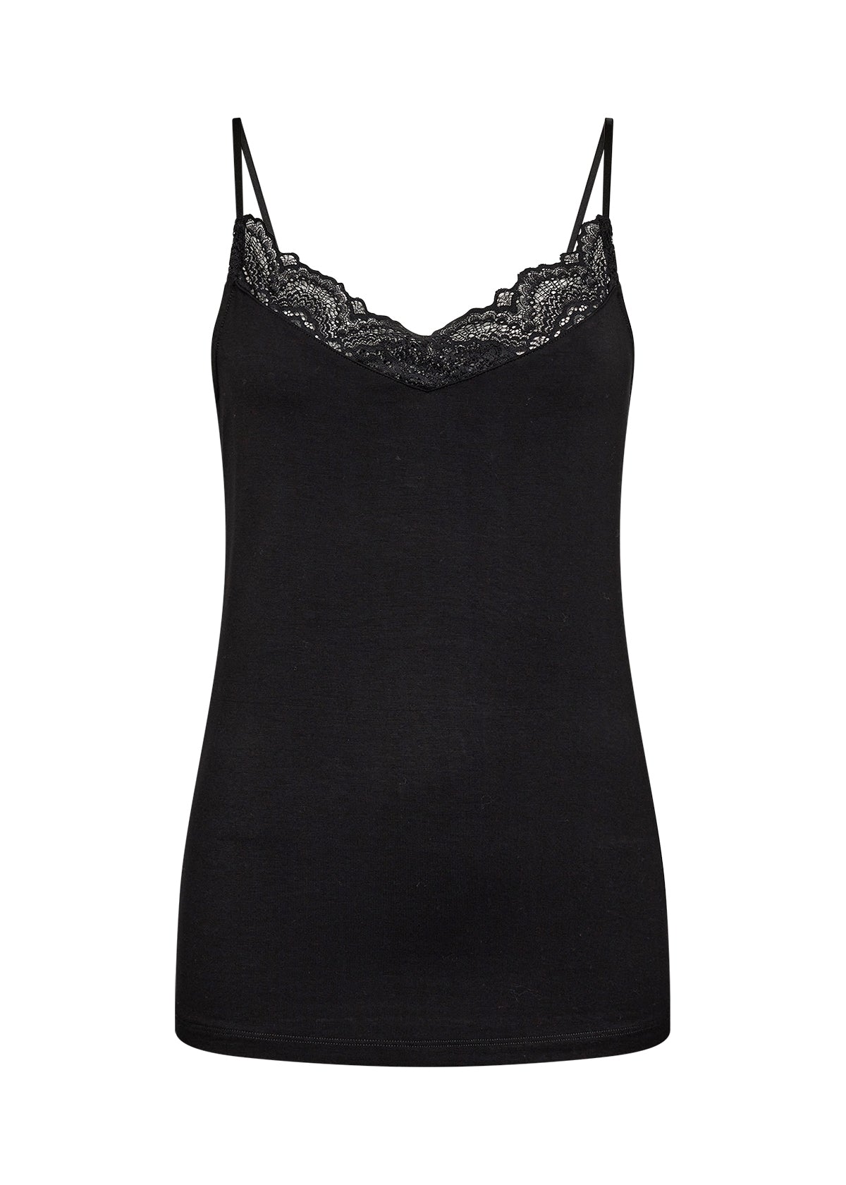 Black camisole with lace trim on a white background