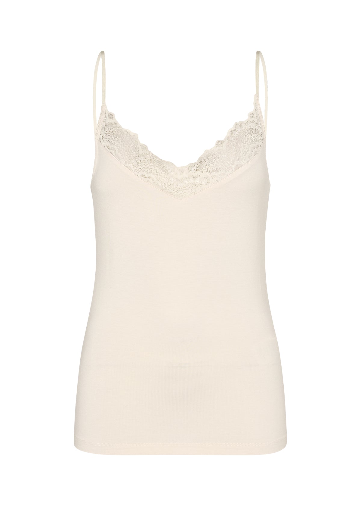Beige lace-trimmed camisole on a white background