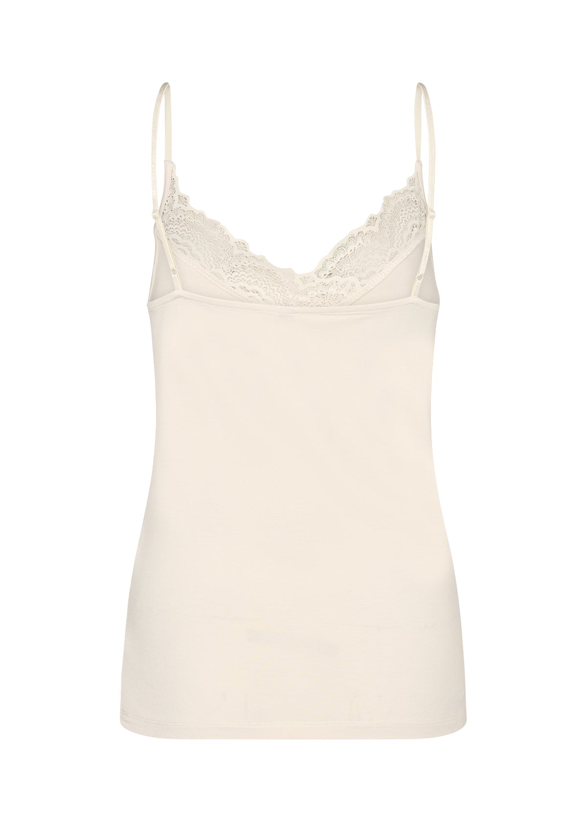 Beige camisole with lace details on a white background