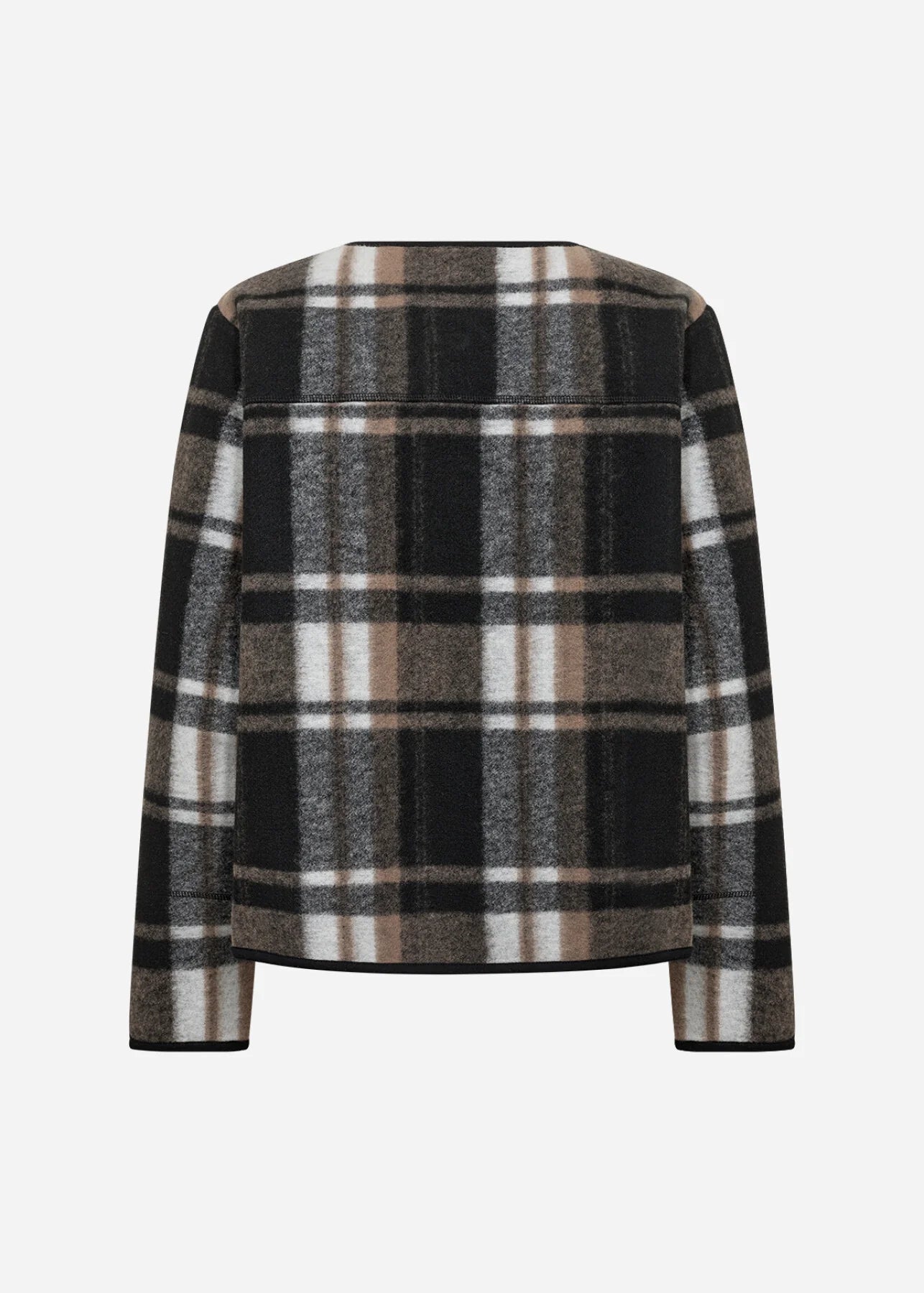 Plaid sweater with black, brown, and beige pattern on a white background