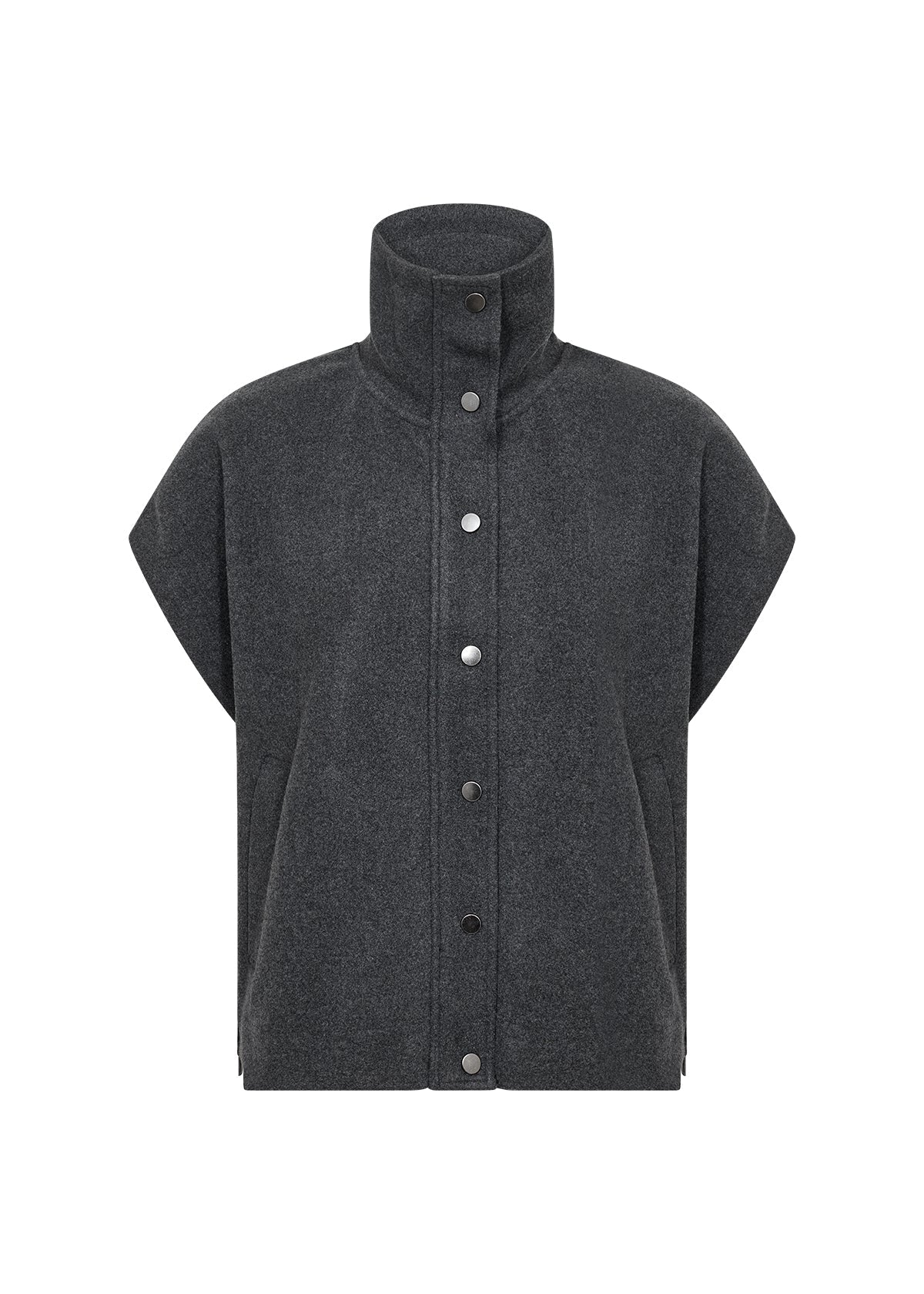 Dark gray sleeveless button-up garment on a white background