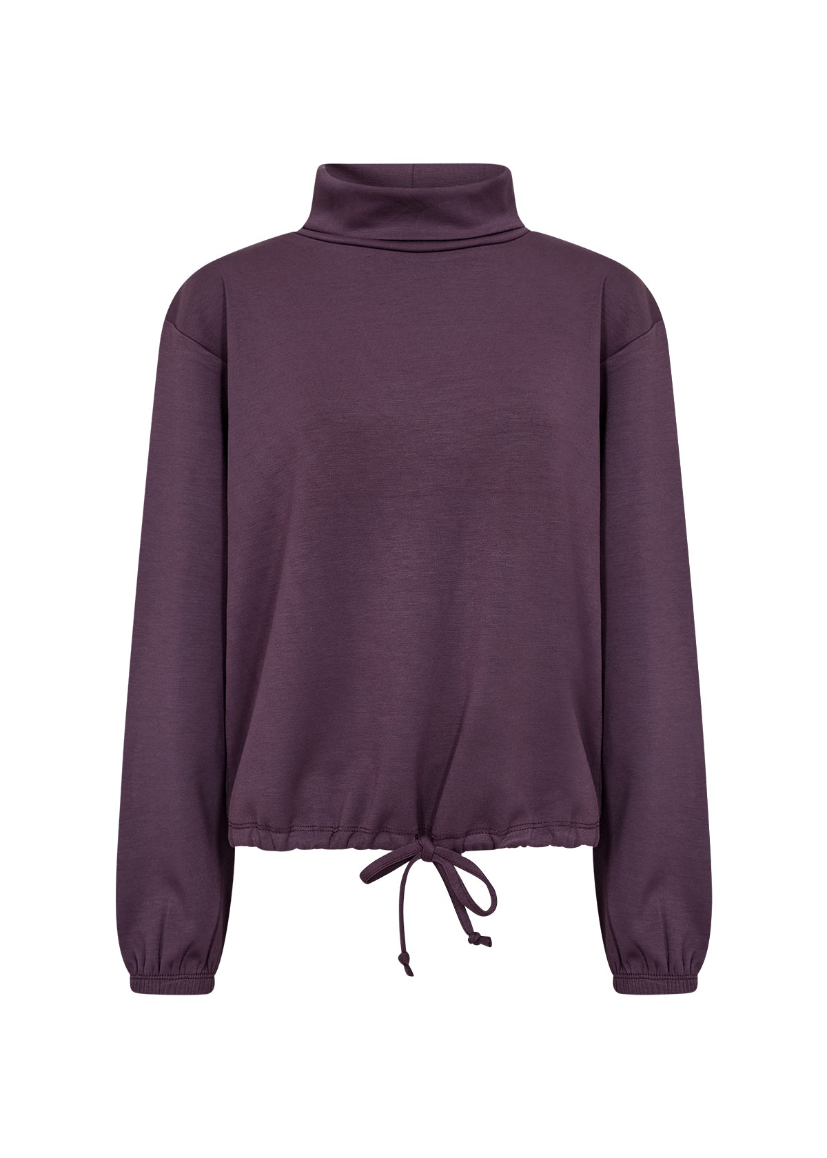 Purple long-sleeve top with a drawstring on a white background