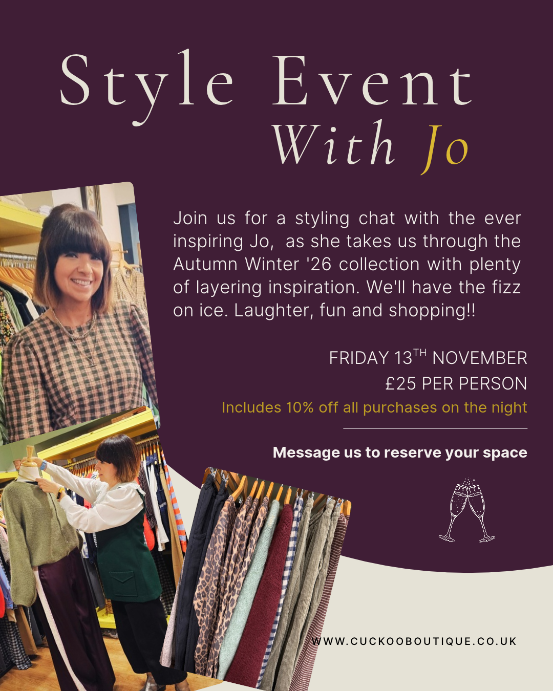 Promotional flyer for an Autumn Style Event with Jo, featuring two photos of a woman in a clothing boutique, a green background with event text, and a row of colorful layered clothing on a hanger.