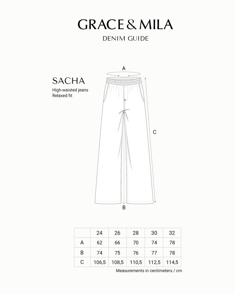 Measurement chart for 'Sacha' high-waisted jeans from Grace & Mila on a white background.