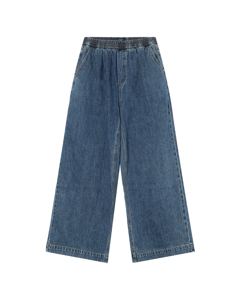 Blue denim wide-leg pants on a white background