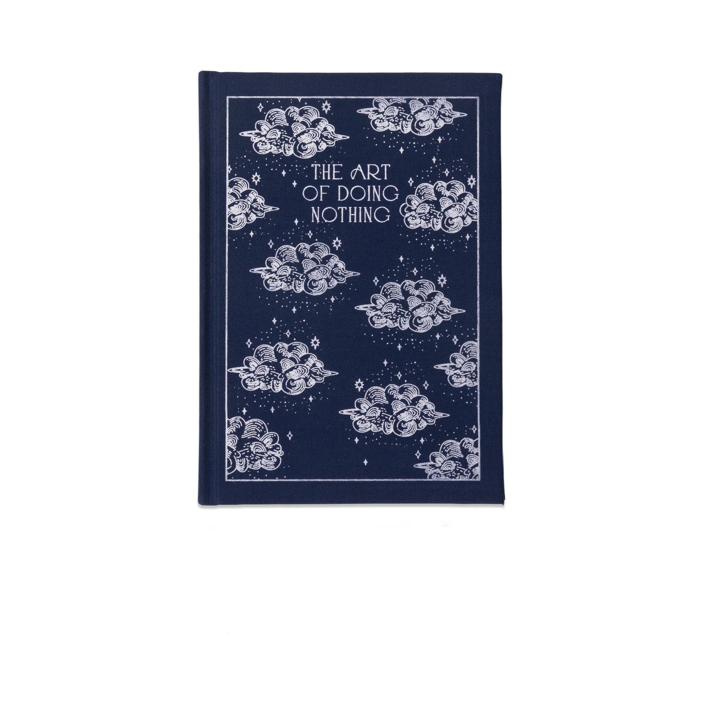 Navy blue book with white cloud illustrations and text on a white background