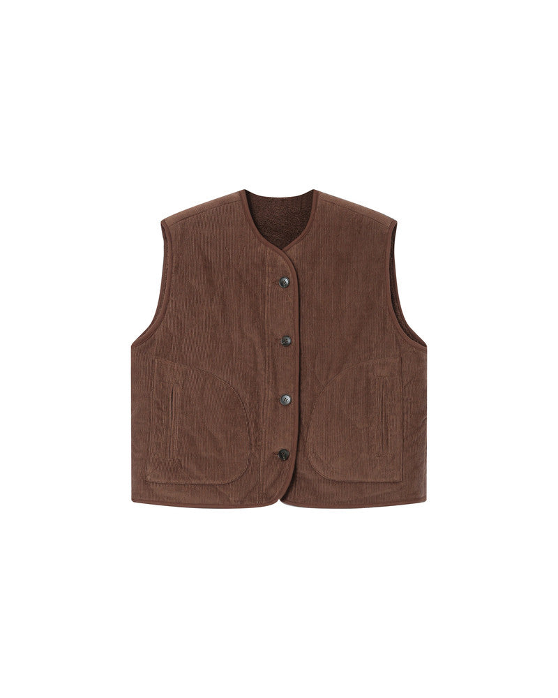 Brown vest with button details on a white background