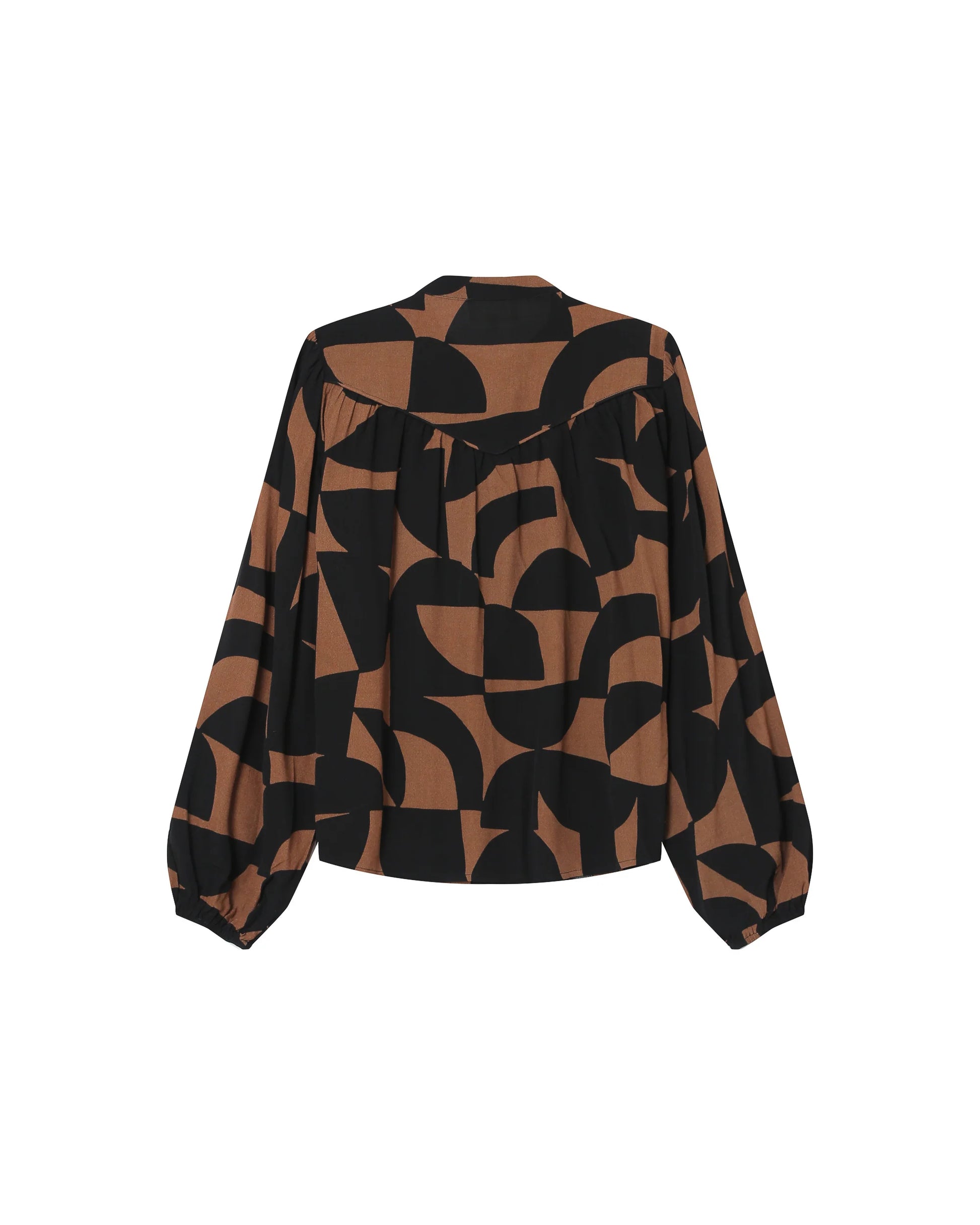 Black and brown patterned blouse on a white background